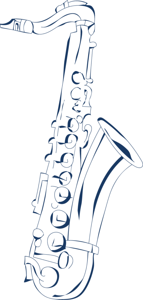 Mørkeblå illustration af en saxofon for TestmannJazz